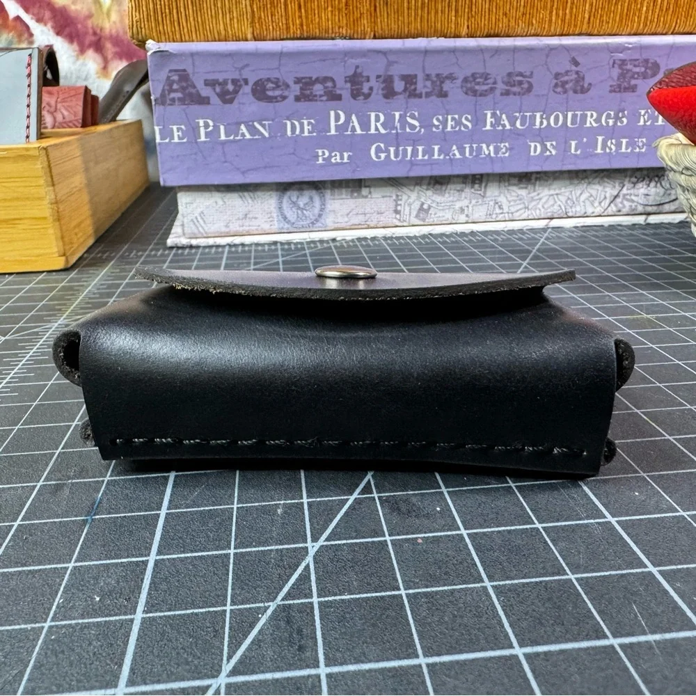 Men’s Black double stacked card wallet business card holder -brown interior
